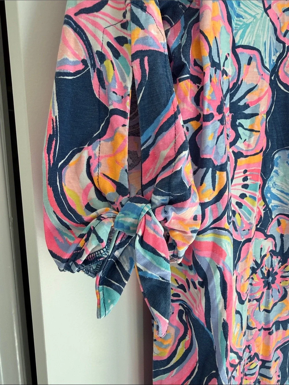 Lilly Pulitzer Navy Floral Multicolor Dress with knotted 3/4 sleeves